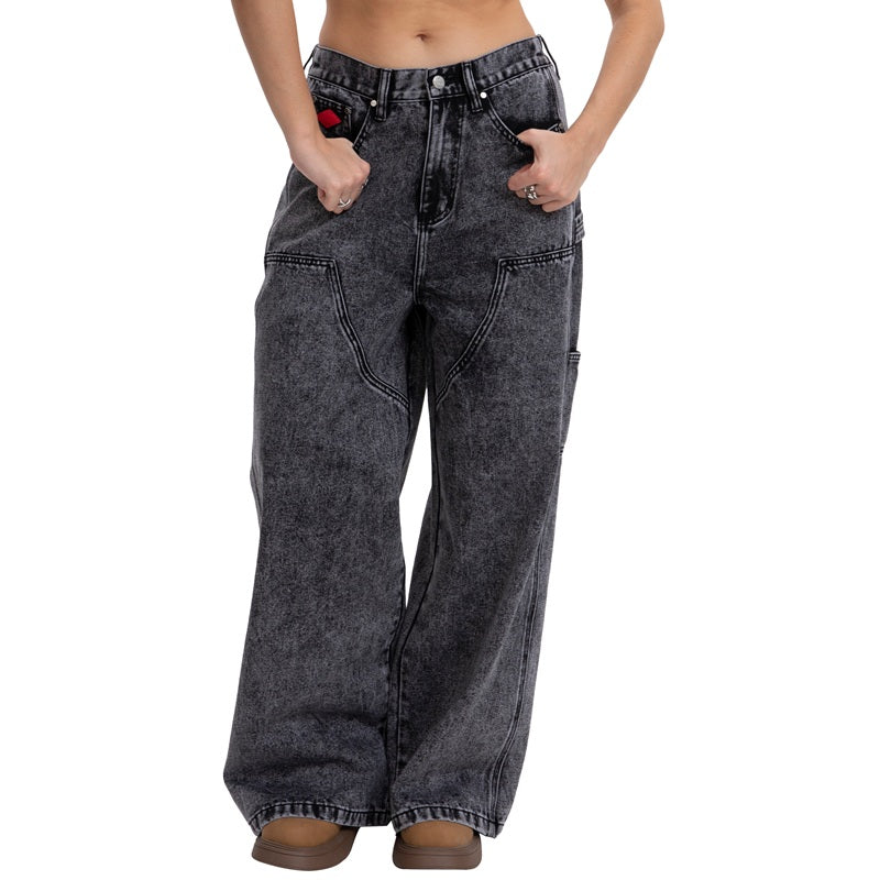 Vintage Low-Visibility Acid Grey Wash Utility Cargo Wide-Leg Jeans, for Tomboy, Transgender Men, FTM, Non-binary