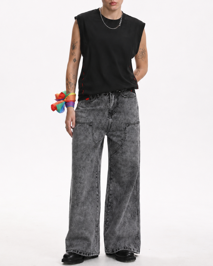 [BOGO FREE] Vintage Low-Visibility Acid Grey Wash Utility Cargo Wide-Leg Jeans, for Tomboy, Transgender Men, FTM, Non-binary