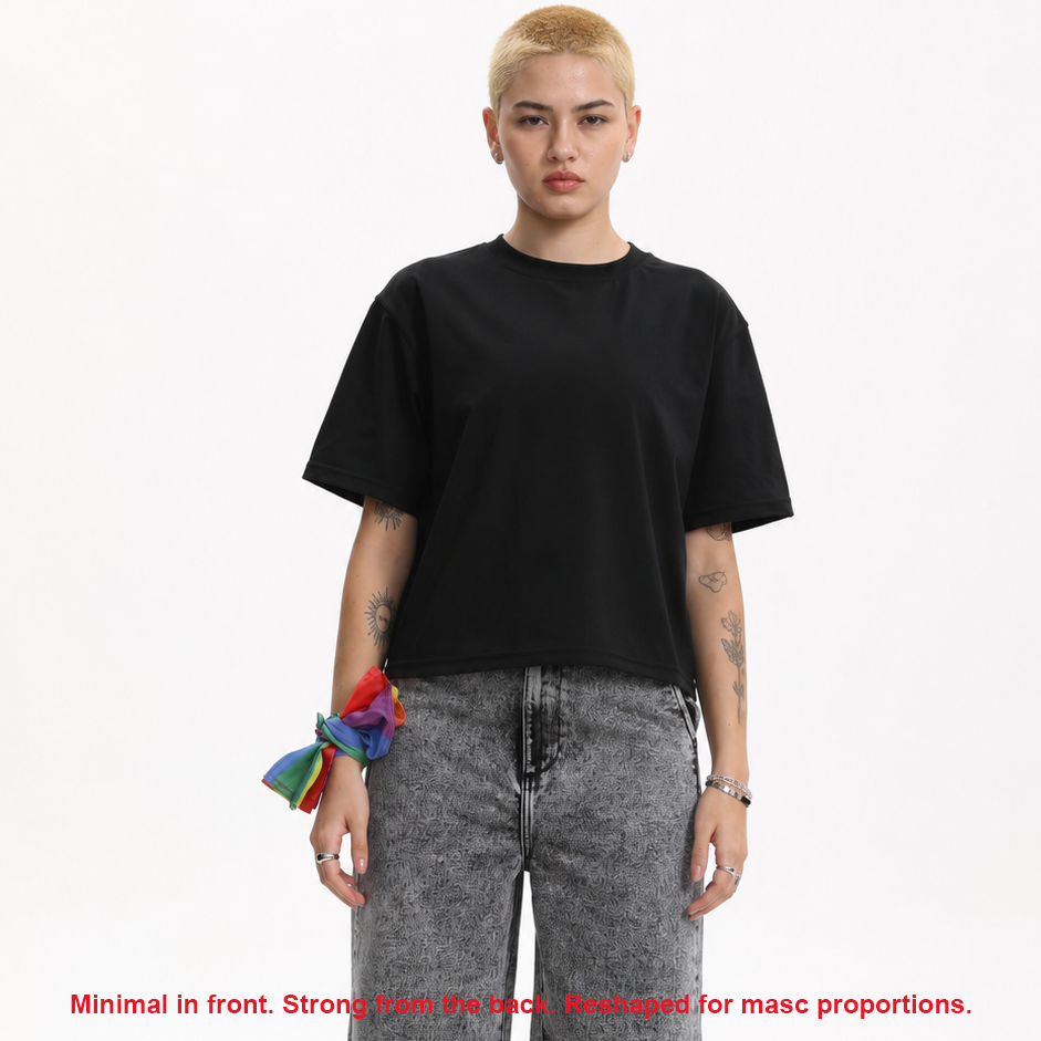 MASC-FIT RESHAPE™ Cotton Boxy Tee w/Back Logo Tape for Tomboy, Trans Masc, FTM, Non-binary
