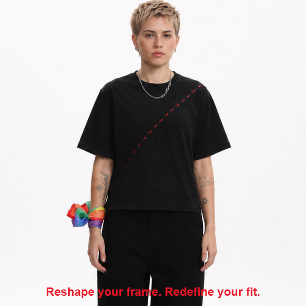 MASC-FIT RESHAPE™ Cotton Boxy Tee with Diagonal Logo Tape for Tomboy, Trans Masc, FTM, Non-binary