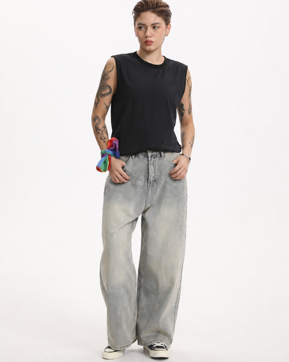 [BOGO FREE] Y2K Low-Visibility Vintage Azure Radiant Wide-Leg Jeans, for Tomboy, Transgender Men, FTM, Non-binary