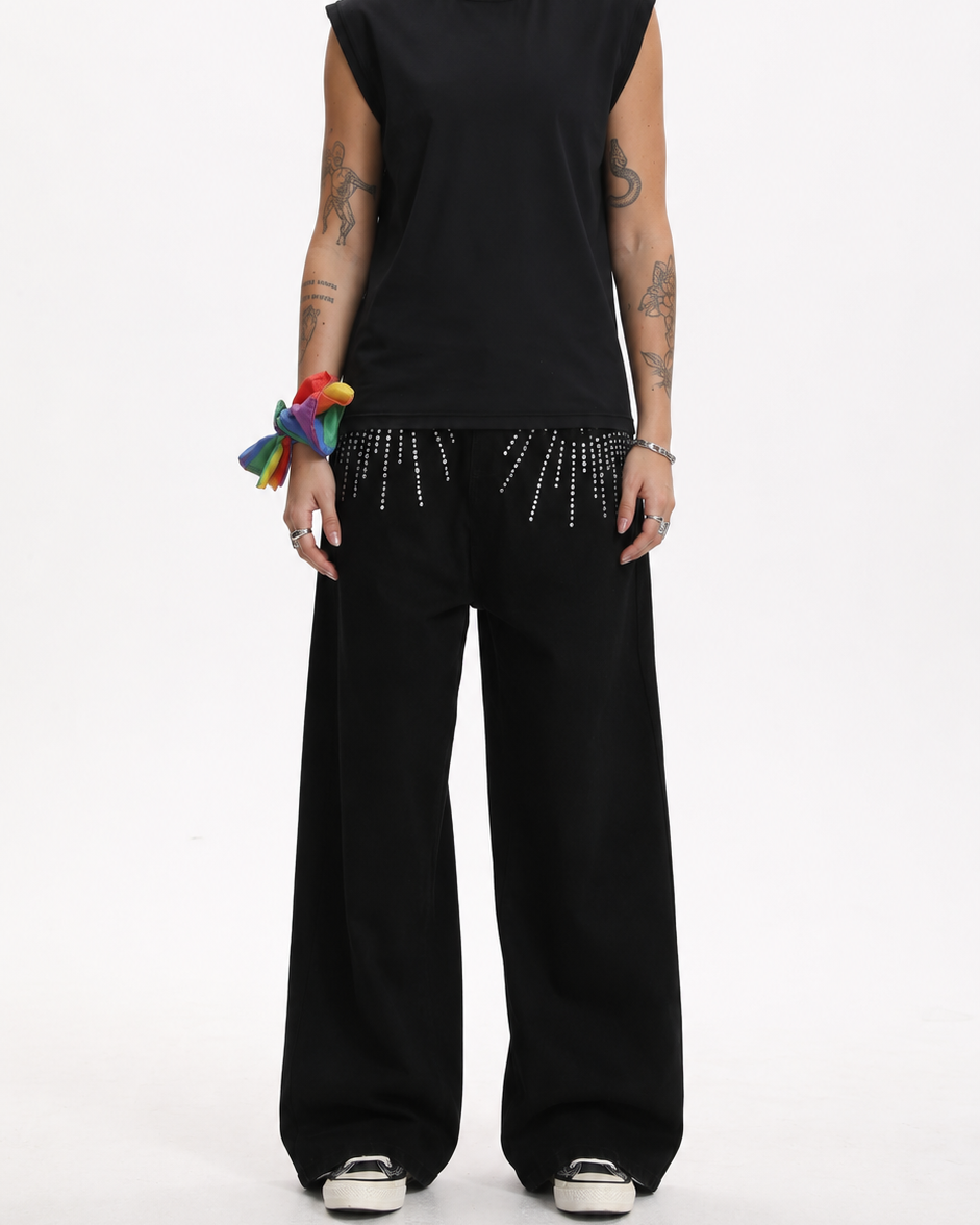 [BOGO FREE] Black Low-Visibility Rhinestone Wide-Leg Jeans, for Tomboy, Transgender Men, FTM, Non-binary