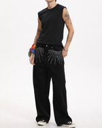 [BOGO FREE] Black Low-Visibility Rhinestone Wide-Leg Jeans, for Tomboy, Transgender Men, FTM, Non-binary