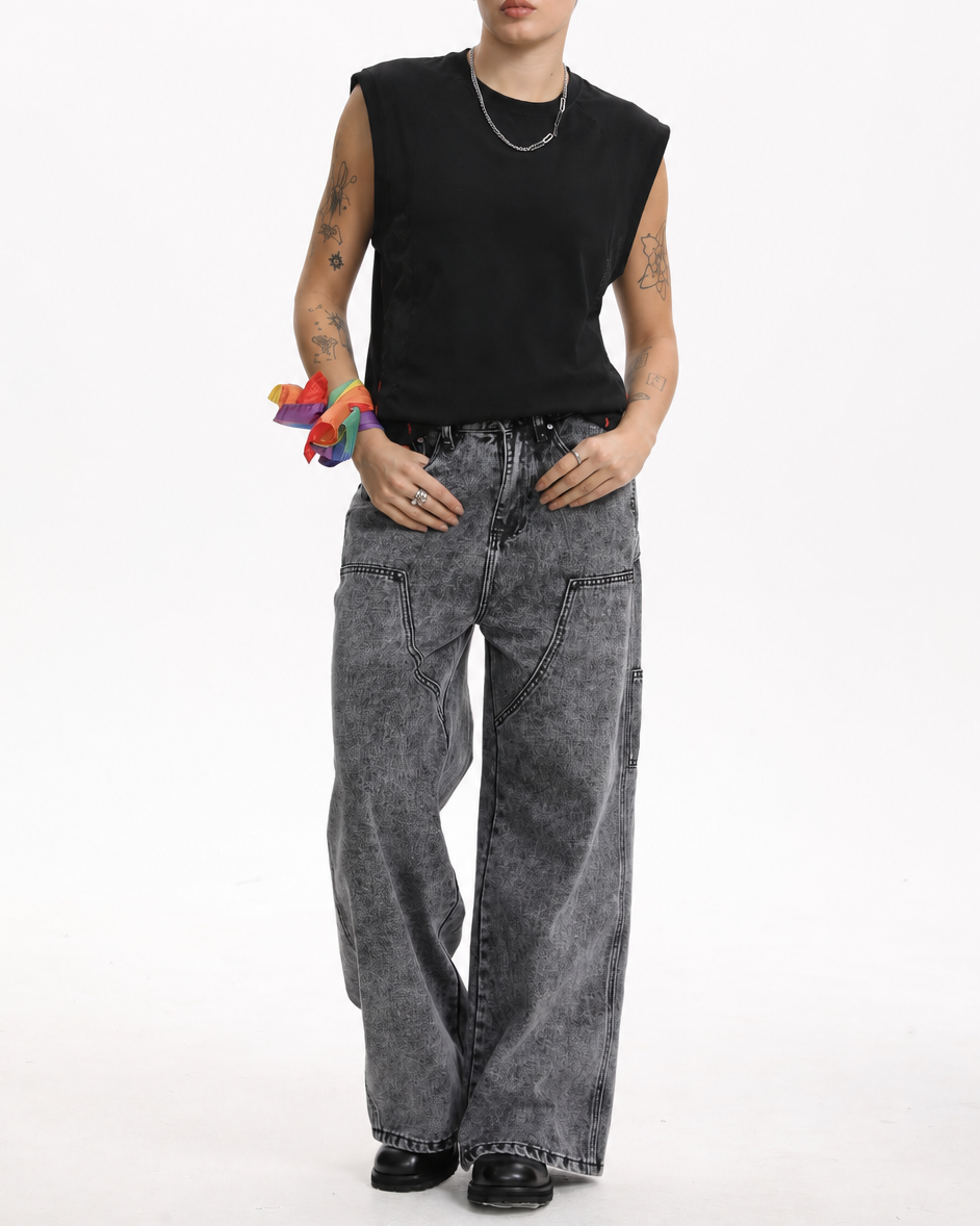 [BOGO FREE] Vintage Low-Visibility Acid Grey Wash Utility Cargo Wide-Leg Jeans, for Tomboy, Transgender Men, FTM, Non-binary