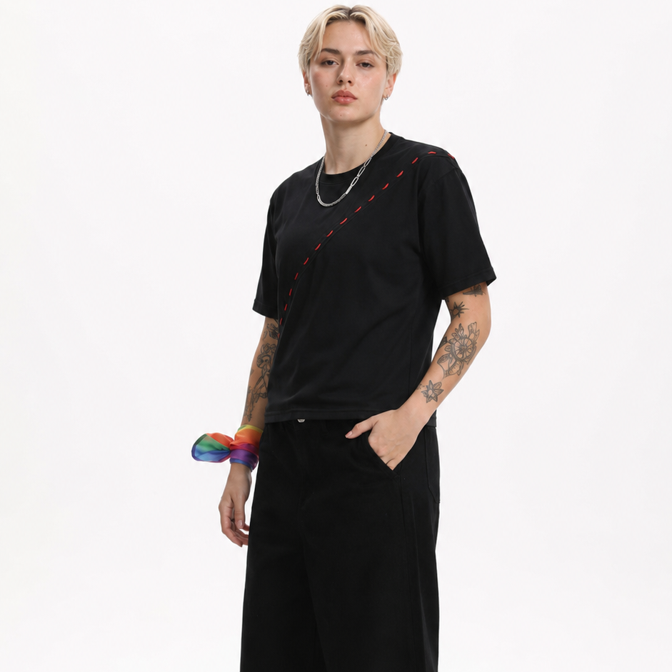 MASC-FIT RESHAPE™ Cotton Boxy Tee with Diagonal Logo Tape for Tomboy, Trans Masc, FTM, Non-binary