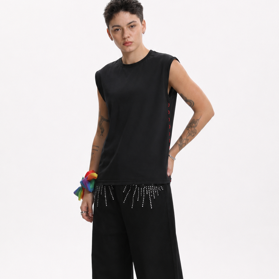 MASC MOTION™ Quick-Dry Fine Mesh Muscle Tank w/ Logo Tape for Tomboy, Trans Masc, FTM, Non-binary