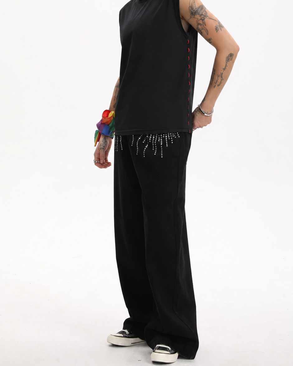 [BOGO FREE] Black Low-Visibility Rhinestone Wide-Leg Jeans, for Tomboy, Transgender Men, FTM, Non-binary