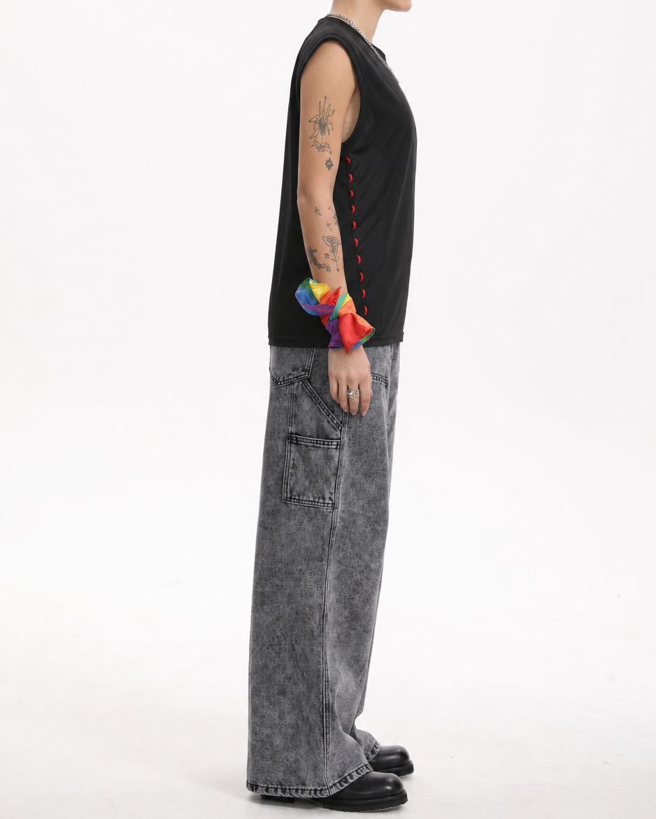 [BOGO FREE] Vintage Low-Visibility Acid Grey Wash Utility Cargo Wide-Leg Jeans, for Tomboy, Transgender Men, FTM, Non-binary