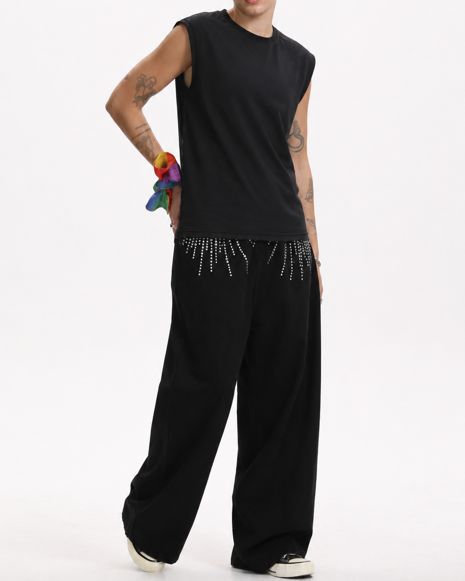 [BOGO FREE] Black Low-Visibility Rhinestone Wide-Leg Jeans, for Tomboy, Transgender Men, FTM, Non-binary