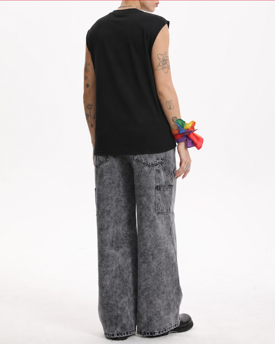 [BOGO FREE] Vintage Low-Visibility Acid Grey Wash Utility Cargo Wide-Leg Jeans, for Tomboy, Transgender Men, FTM, Non-binary