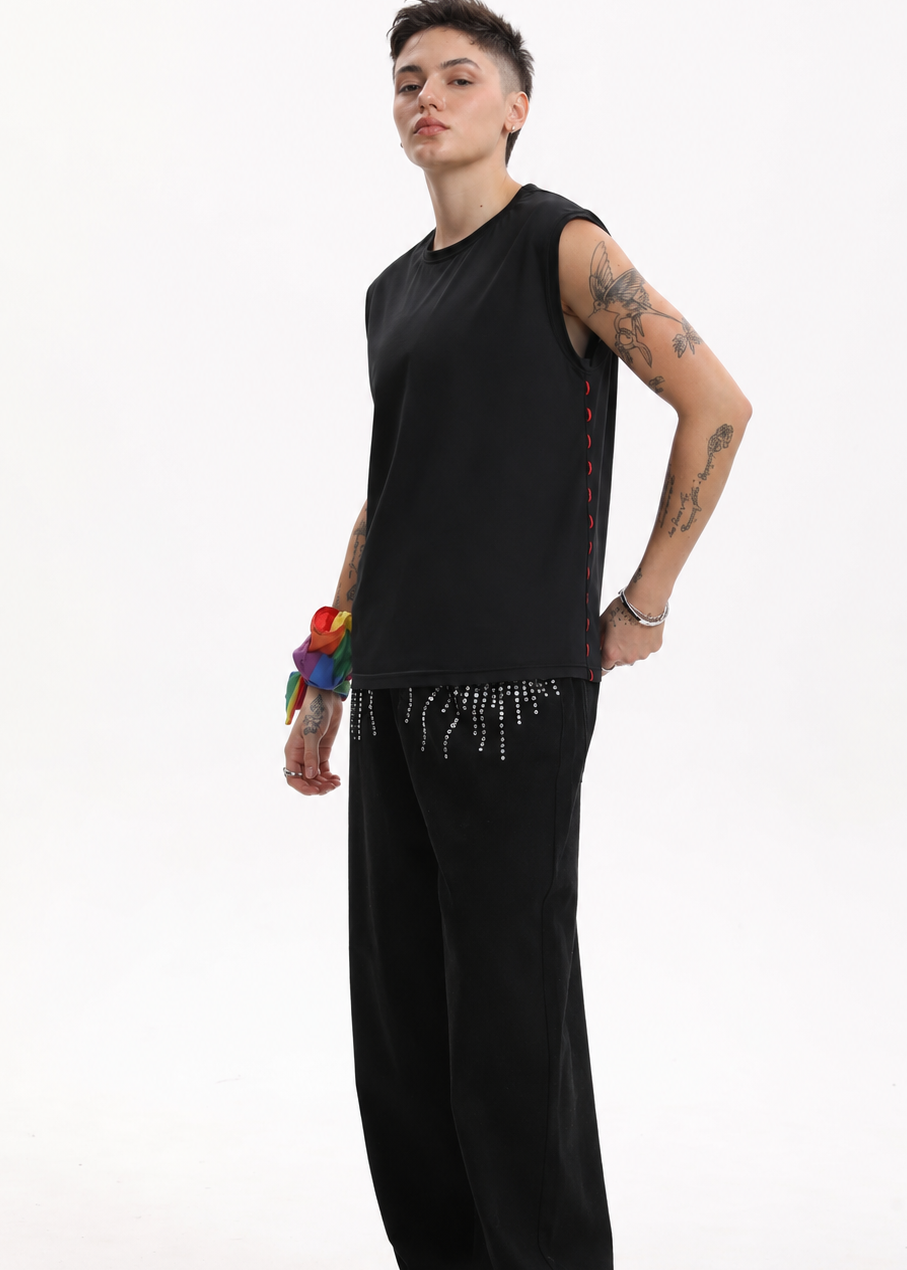 MASC MOTION™ Quick-Dry Fine Mesh Muscle Tank w/ Logo Tape for Tomboy, Trans Masc, FTM, Non-binary