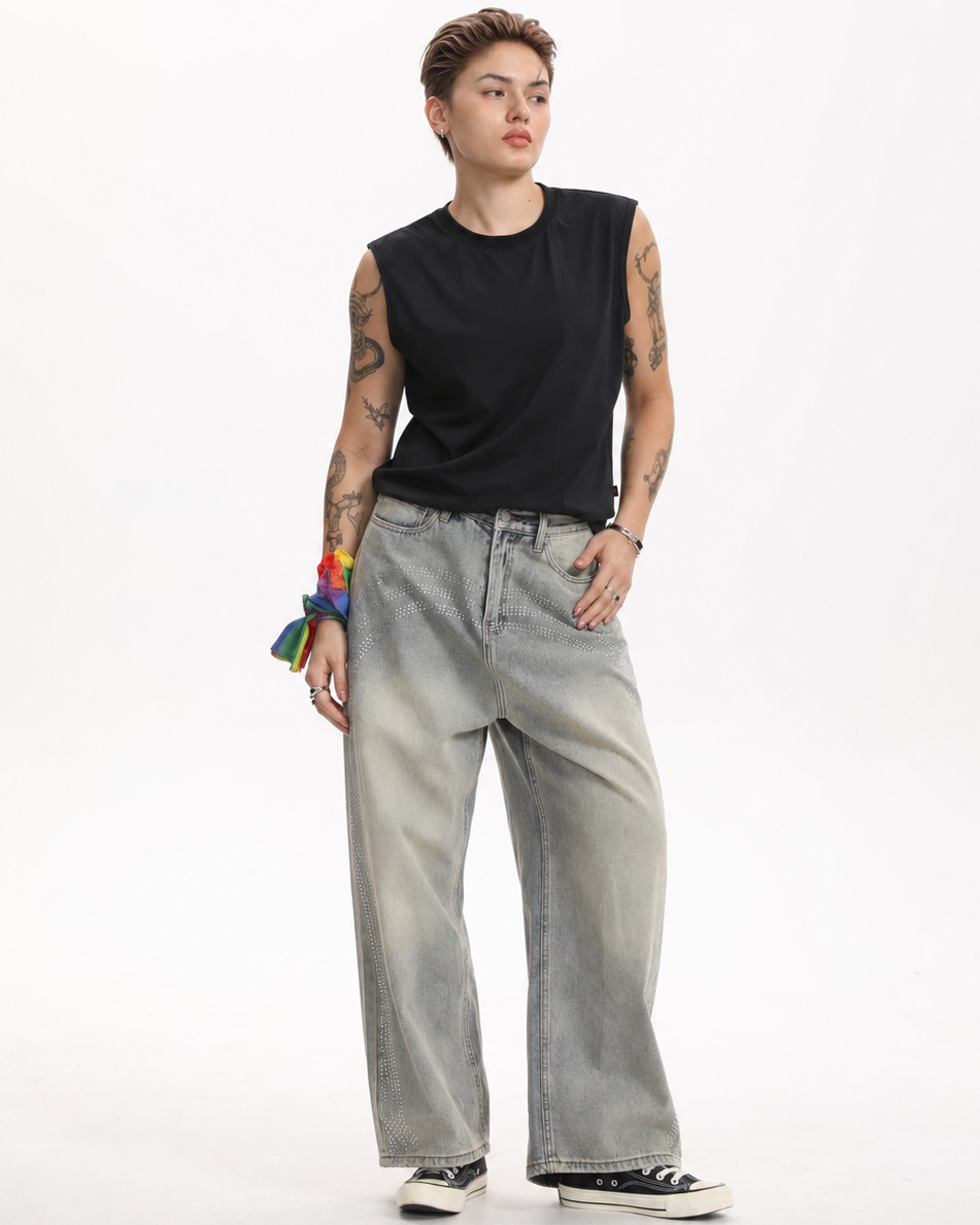 [BOGO FREE] Y2K Low-Visibility Vintage Azure Radiant Wide-Leg Jeans, for Tomboy, Transgender Men, FTM, Non-binary