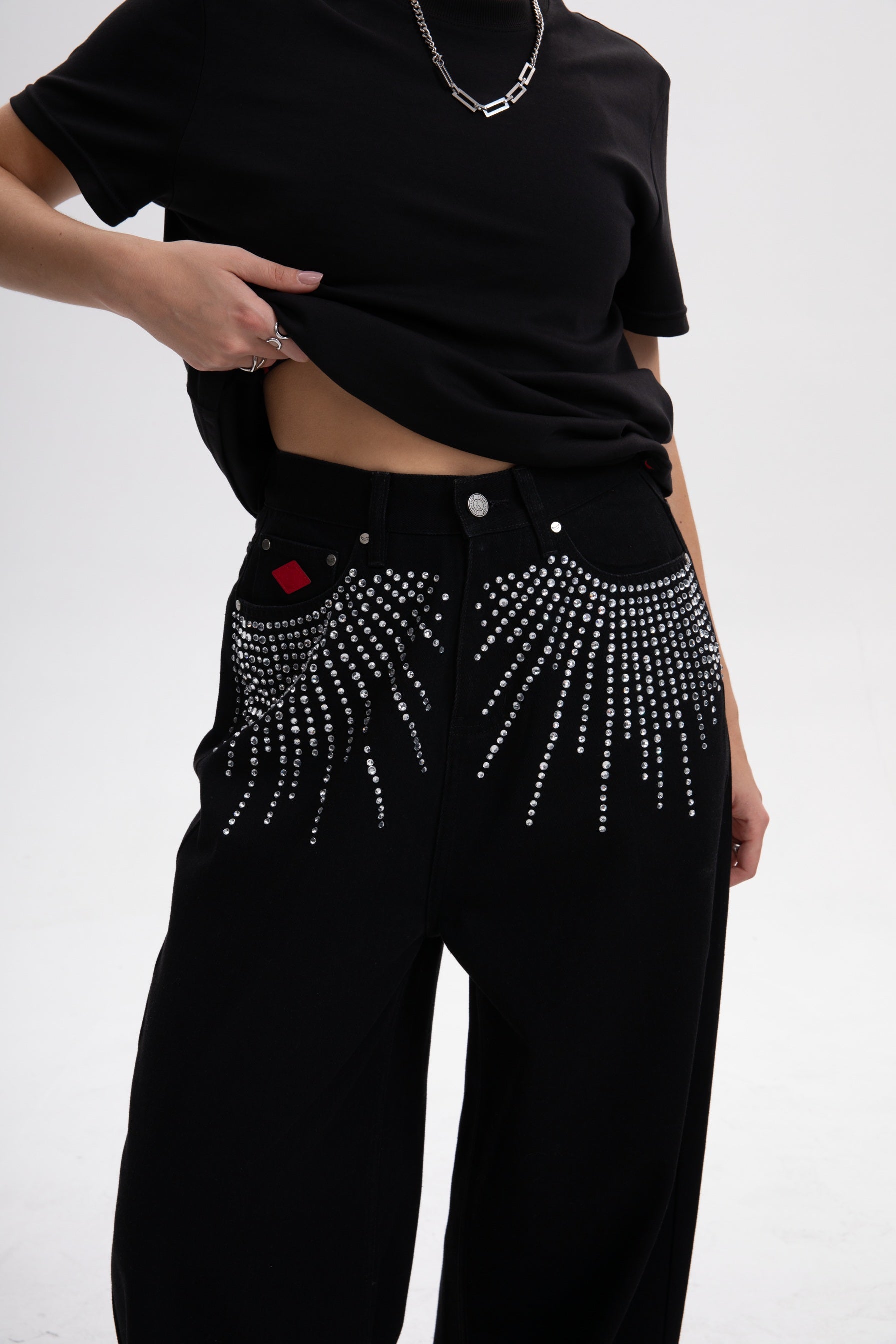 Black Low-Visibility Rhinestone Wide-Leg Jeans, for Tomboy, Transgender Men, FTM, Non-binary