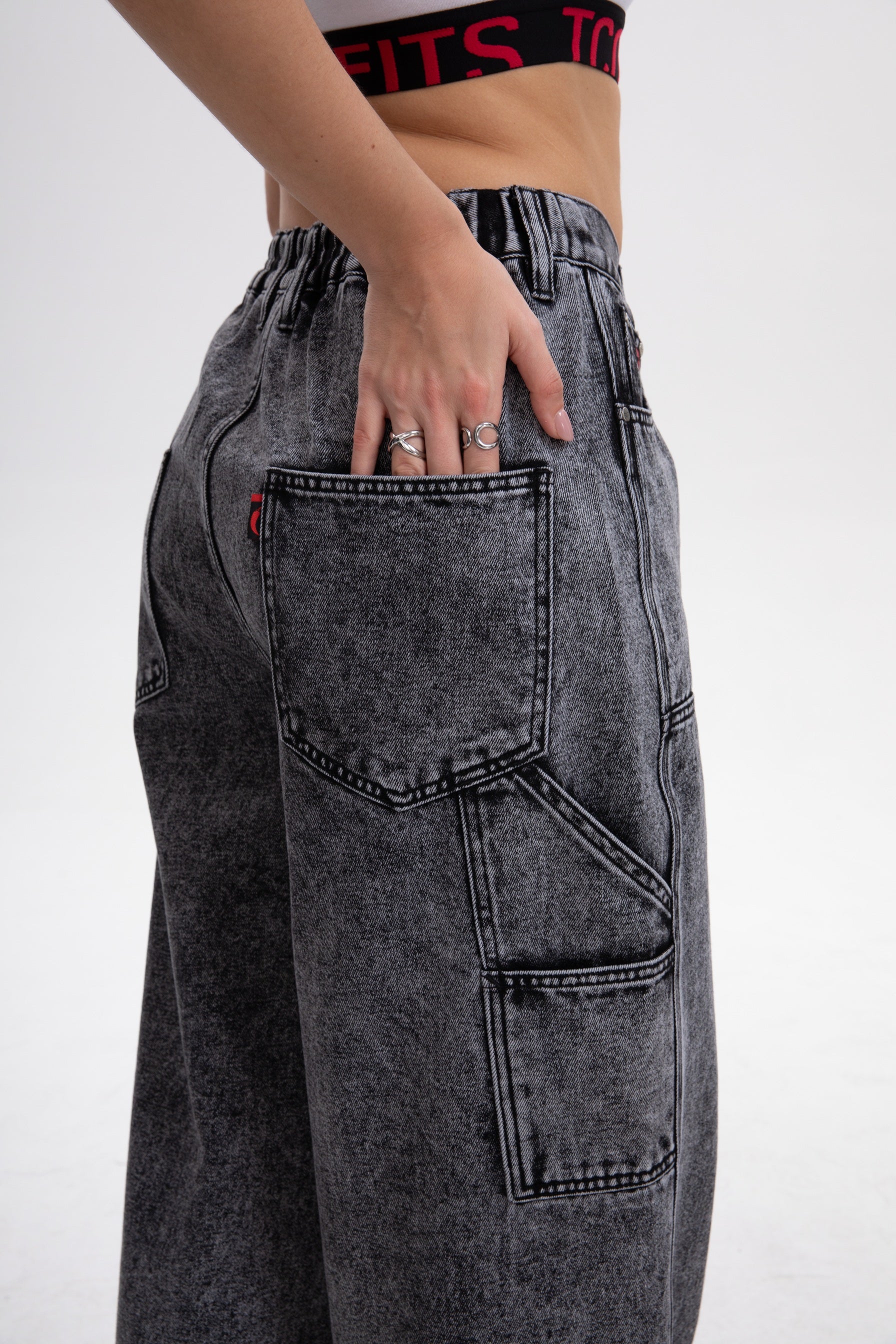 [BOGO FREE] Vintage Low-Visibility Acid Grey Wash Utility Cargo Wide-Leg Jeans, for Tomboy, Transgender Men, FTM, Non-binary