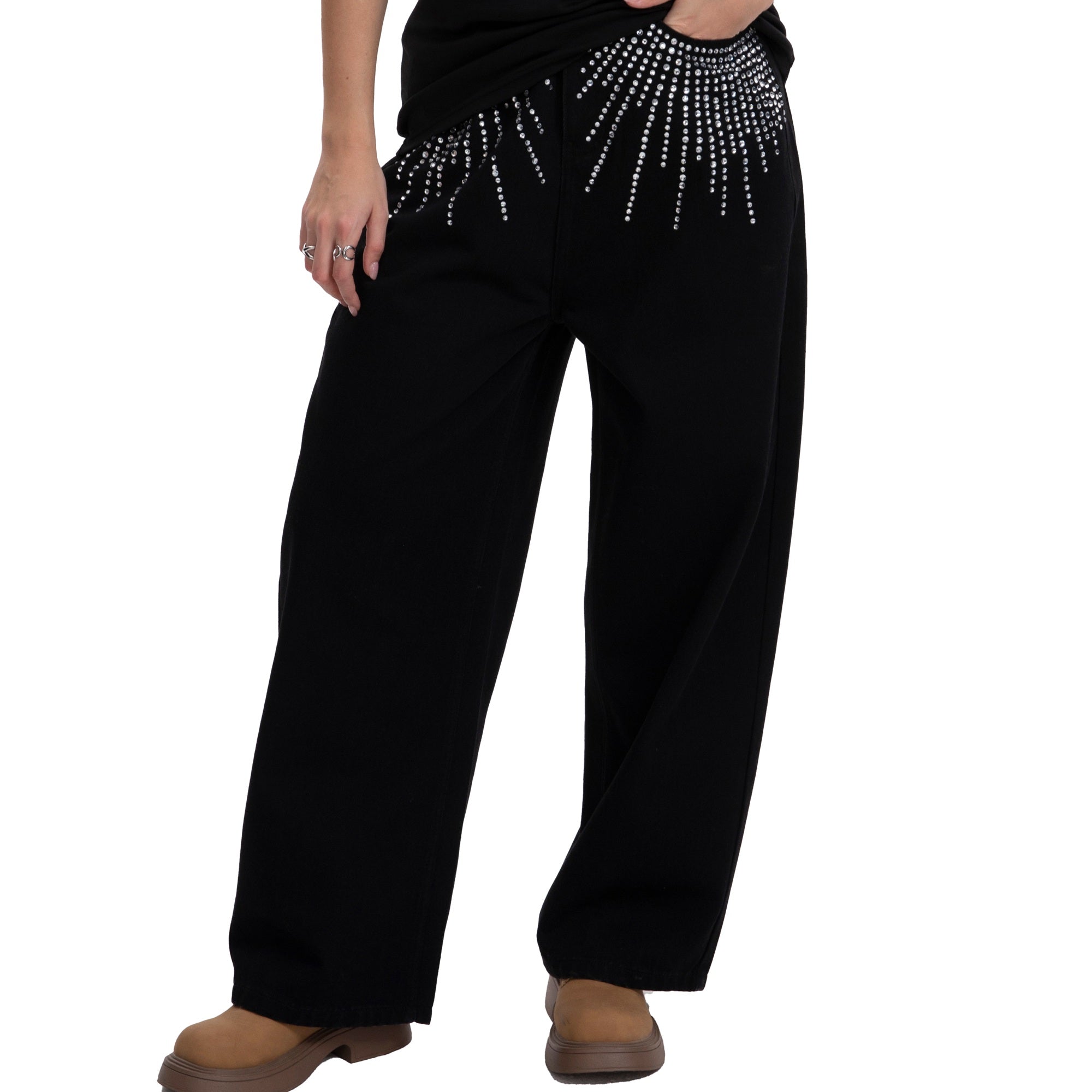 Black Low-Visibility Rhinestone Wide-Leg Jeans, for Tomboy, Transgender Men, FTM, Non-binary
