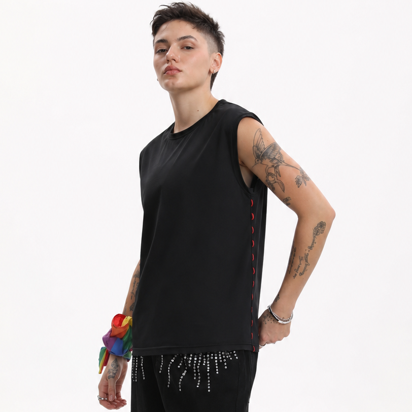MASC MOTION™ Quick-Dry Fine Mesh Muscle Tank w/ Logo Tape for Tomboy, Trans Masc, FTM, Non-binary