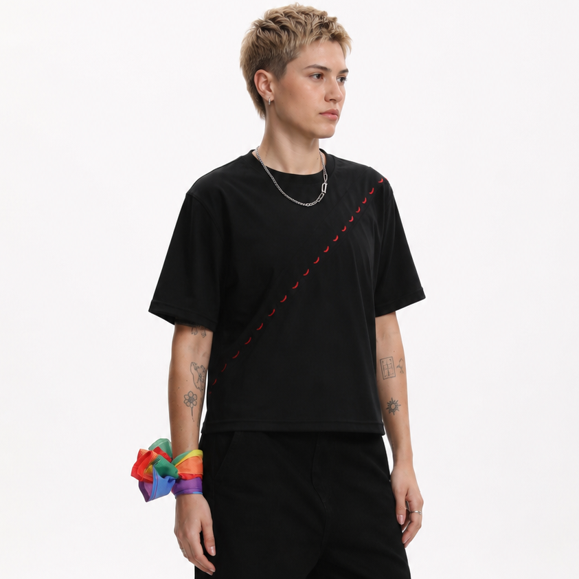 MASC-FIT RESHAPE™ Cotton Boxy Tee with Diagonal Logo Tape for Tomboy, Trans Masc, FTM, Non-binary